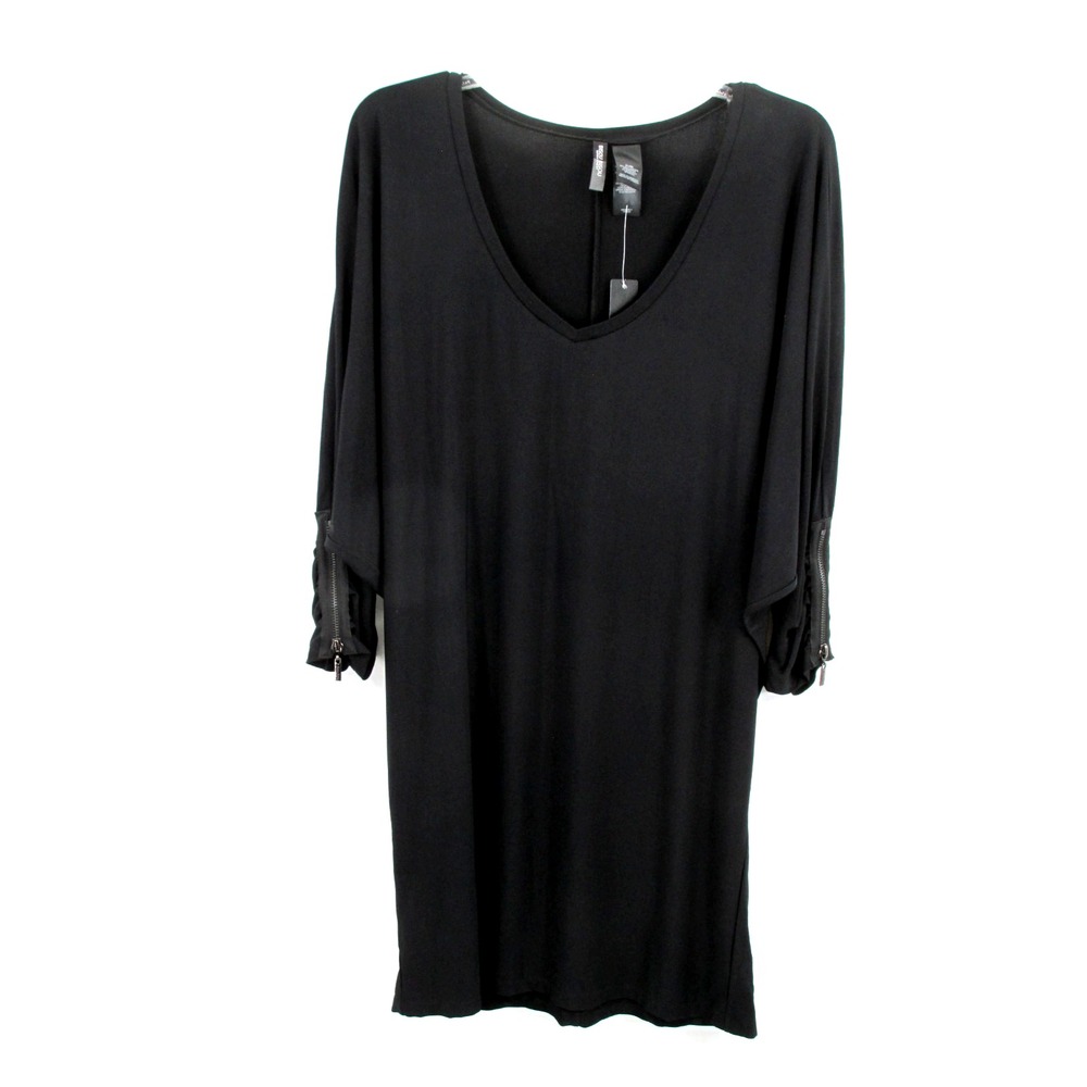 Bisou Bisou Michele Bohbot Black Midi Dress XL Zipper Sleeve Stretch 90s Grunge